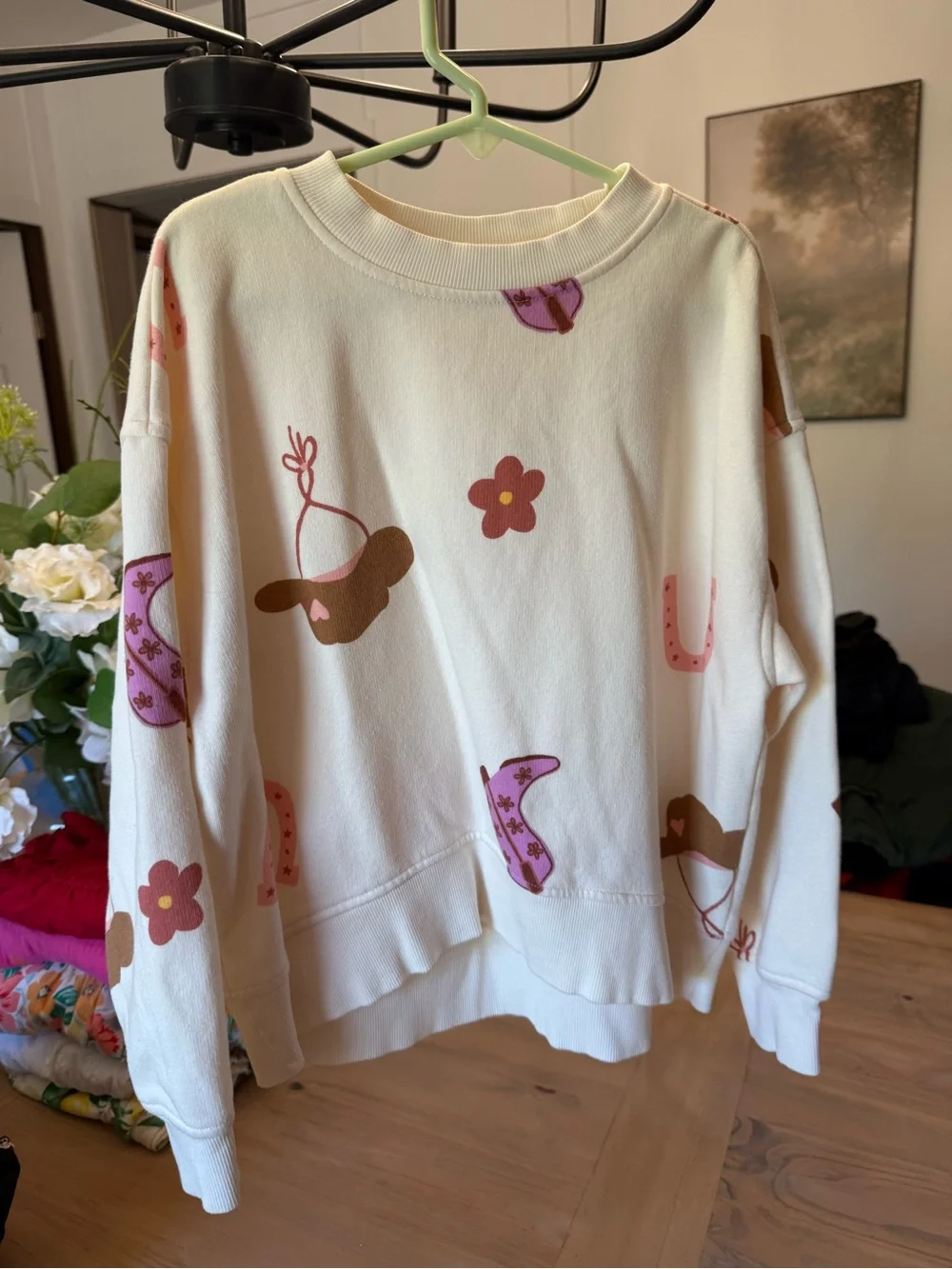 Old Navy Cream Crewneck Sweater with Pink & Brown Western Floral Motif